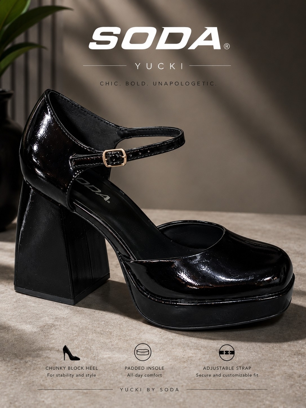 Soda Black Patent Platform Mary Jane Heels 'YUCKI' sz 11